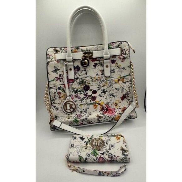 Dasein Handbags - DASEIN White Floral Double Handle Satchel Shoulder Bag Purse & Wristlet Wallet